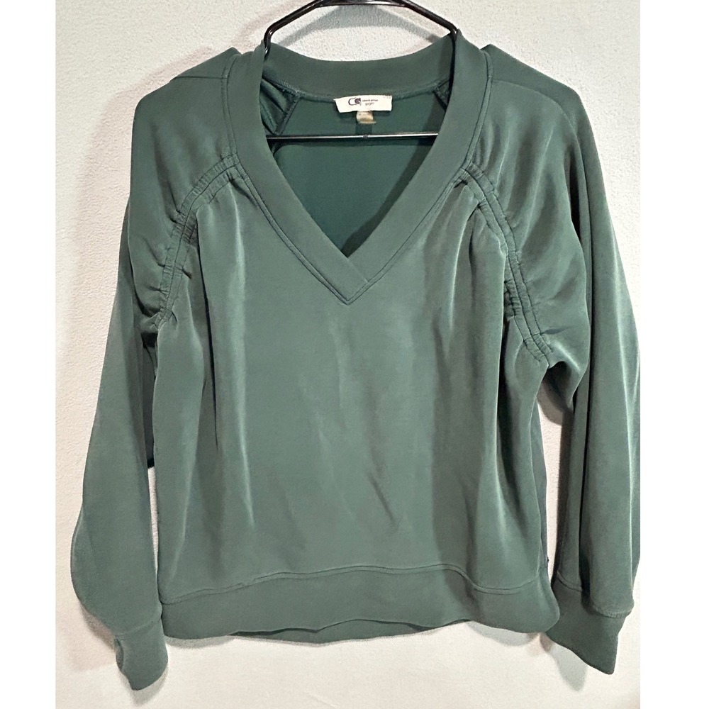 Cable & Gauge Sport Sweatshirt Women Medium Green Ruched V-Neck Neutral Earthy